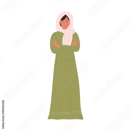 Arab businesswoman standing with crossed arms, woman in traditional Muslim dress vector illustration