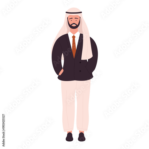 Muslim businessman in formal suit, stylish young Arab man standing vector illustration
