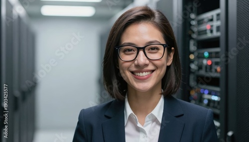 Data center professional smiling in server room corporate environment portrait photography technology concept Free Download Data center professional smiling in server room corporate environment portrait photography technology concept - GFXLoad