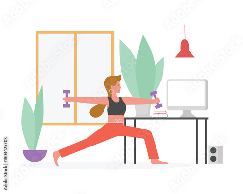 Young girl with dumbbells. Home sport, fitness exercising, healthy lifestyle flat vector illustration