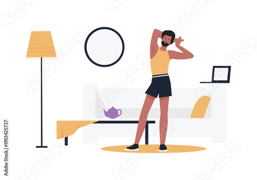 Young boy stretching exercise. Home sport, fitness exercising, healthy lifestyle flat vector illustration