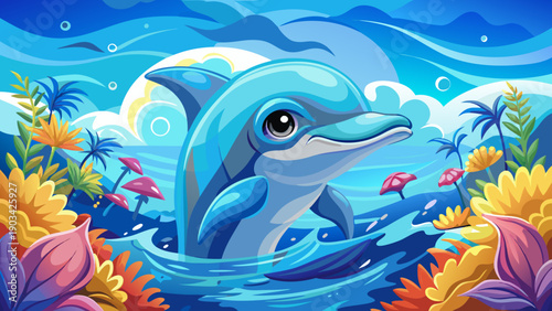 Very beautiful dolphin emerging from clear blue water, expressing intelligence, joy, and freedom within a vibrant marine environment full of life.