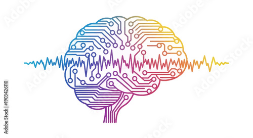 Vibrant digital brain with integrated circuit patterns depicting active thought and technological