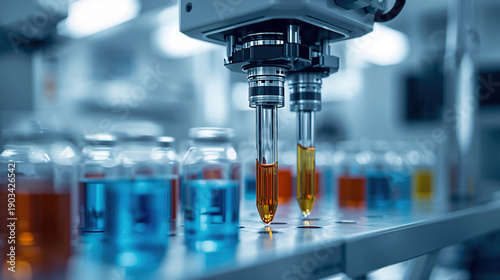 Braccio robotico industriale per analisi chimiche e riempimento di fiale in laboratorio farmaceutico. Generative AI