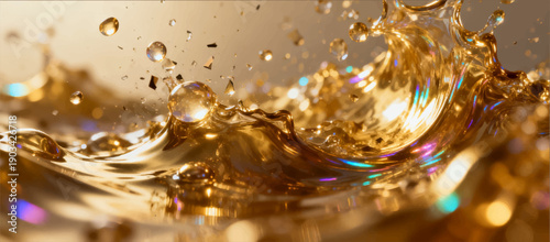 Vector illustration of a VFX effect of golden liquid droplets flying up and breaking apart with a shimmering effect.