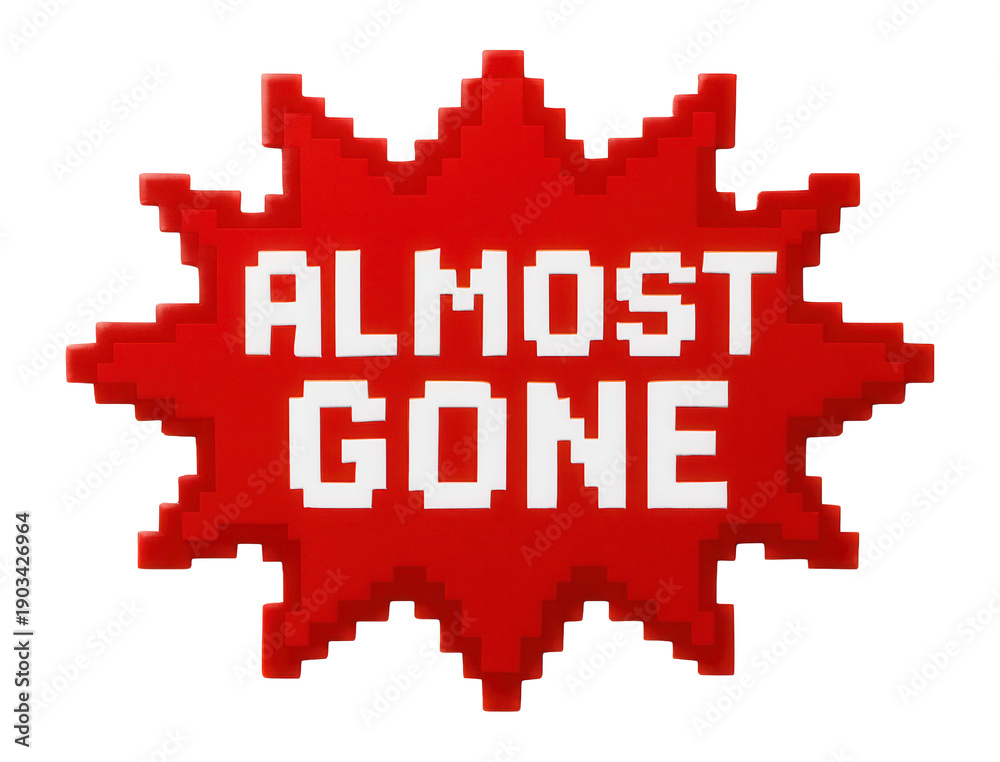 Fototapeta premium Red starburst sticker with ALMOST GONE notice in bold text, attention-grabbing retail discount promo on transparent background.