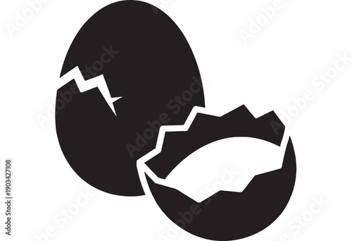 Egg cracked shell silhouette icon with broken eggshell halves and zigzag crack, simple flat black pictogram isolated on white background for food, breakfast logo