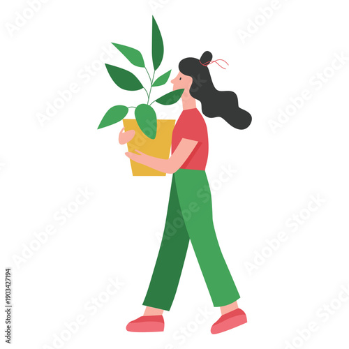 Gardener girl holding potted plant. Planting flowers, farming hobby flat vector illustration