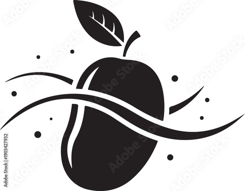Black silhouette of a mango fruit with a leaf and dynamic wavy lines on white background