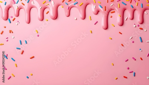 A vibrant pink background with colorful sprinkles and pink icing drips, perfect for a festive celebration or sweet treat