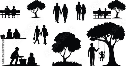 People silhouettes enjoying leisure time in park with families, couples, trees, benches and swing, outdoor recreation, relationships, lifestyle, nature and social activity concept