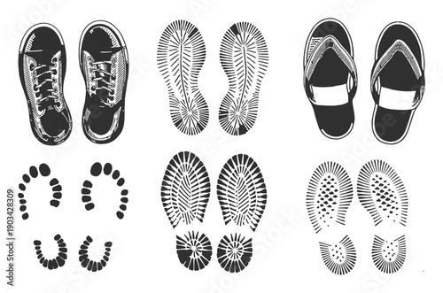 Collection of Footwear and Footprint Sneakers, Flip-flops, and Boot Treads