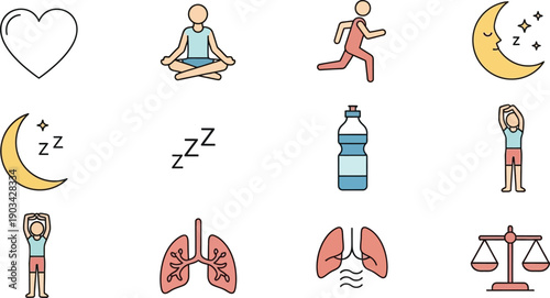 Soft calming color vector icons of heart, mindfulness, running, sleep moon, water bottle, stretching, breathing, and balance scale