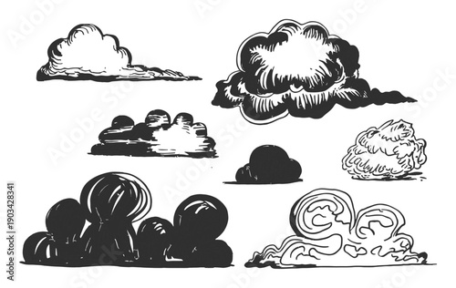 Collection of Hand-Drawn Cloud Illustrations in Black and White