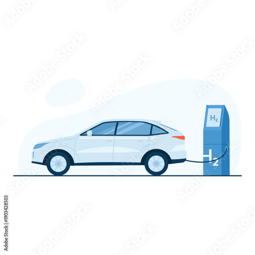 Ca charging at hydrogen station. Hydrogen production process, eco natural resources cartoon vector illustration