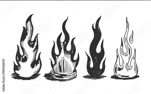 Four stylized black and white of flames in different styles