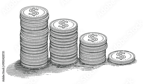 Illustration of Stacks of Dollar Coins Decreasing in Height
