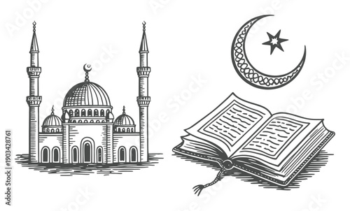 Islamic Symbols: Mosque, Crescent Moon and Star, and Open Holy Book