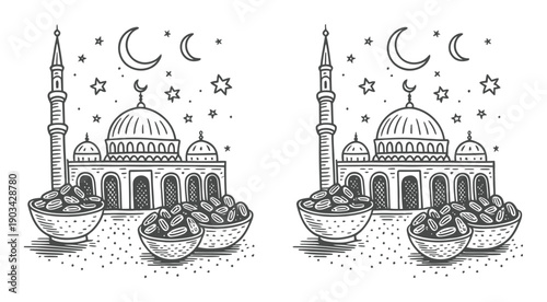 Ramadan Kareem: Mosque, Crescent Moons, Stars, and Dates in a Festive Illustration