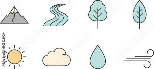 Minimal nature icons collection with cloud, water droplet, wind, and leaf symbols