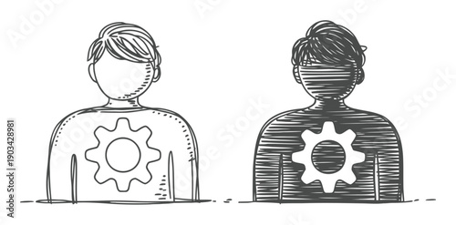 Two stylized figures with gears inside, one outlined, one shaded
