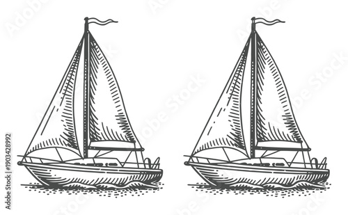 Two Vintage Sailboats on Water, Engraved Style Illustration