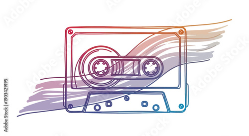 Colorful retro cassette tape line art with vibrant gradient hues evoking nostalgic music vibes
