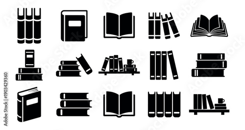 Book icon set, library and reading symbols, solid black vector collection on transparent background