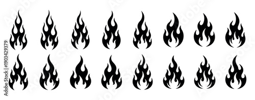 Fire flame icons vector set, burning heat and energy symbols, solid black collection on transparent background