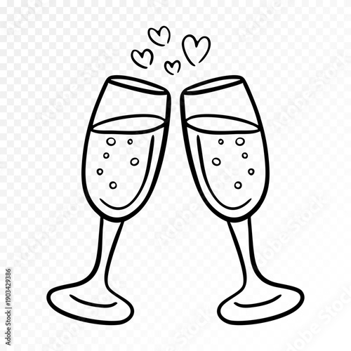 Hand drawn clinking champagne glasses with hearts, romantic toast illustration for valentines celebration, elegant love moment in clean black line art isolated on transparent background. Vector illust