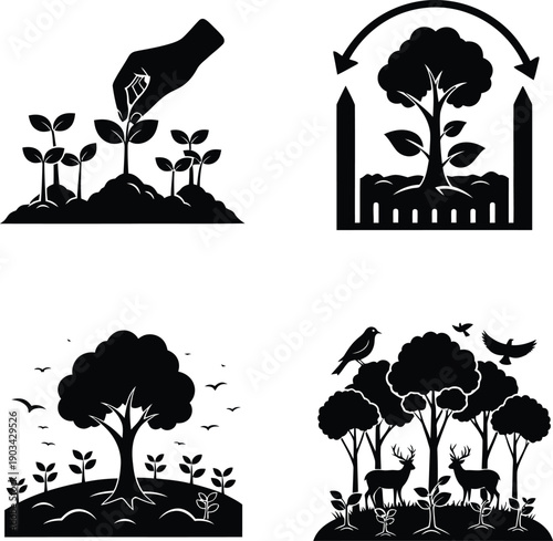 A group of environmental volunteers planting young saplings in a vast forest area to promote reforestation and ecological sustainability for the planet.