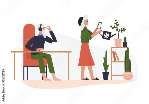 Elderly couple using modern technology. Old man with laptop, old woman with phone gardening cartoon vector illustration