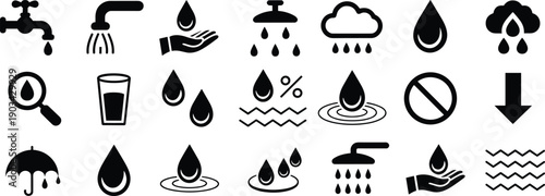 Water icons set showing drops taps showers rain clouds and conservation symbols for hydration weather plumbing ecology and sustainability design isolated on white background
