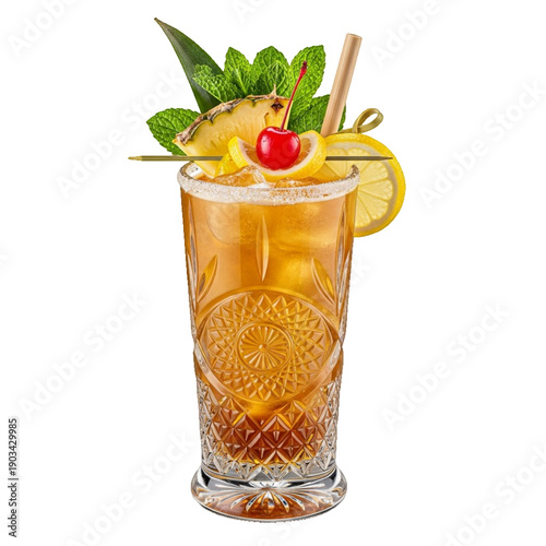 Refreshing tropical Mai Tai drink in a detailed vector illustration on transparent background. rum-based Mai Tai cocktail, hand-drawn vector sketch, perfect for bar menus & summer party invitation