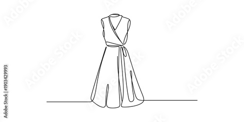Continuous line drawing of a sleeveless wrap dress with a v-neckline and a tied waist Vector, illustration