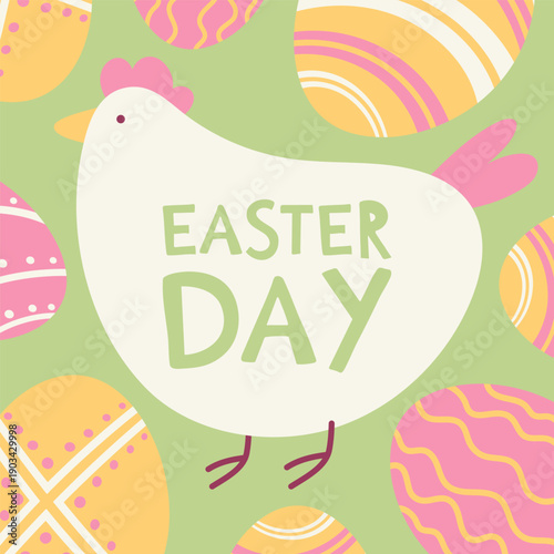 Green Easter Card with cute white Chicken and Patterned Eggs