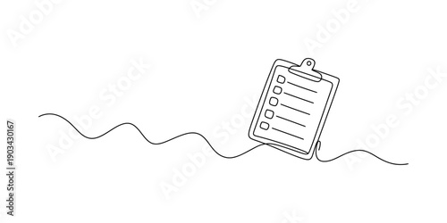 Clipboard with a checklist drawn in a single continuous line style on a white background. Vector, illustration