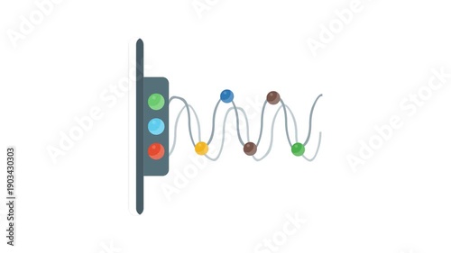 An apparatus displaying a wave motif accompanied by several vibrant balls in various colors.