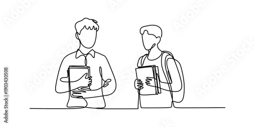 Continuous line drawing of two male students standing and holding their books Vector, illustration