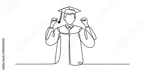 Single line art illustration of a male graduate student celebrating his academic success Vector, illustration