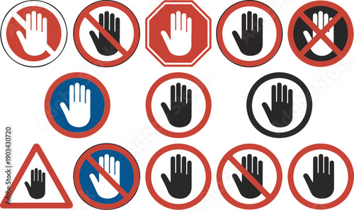 Stop Hand Prohibition Outline Icon Set Safety Warnings and Restricted Access Symbols
