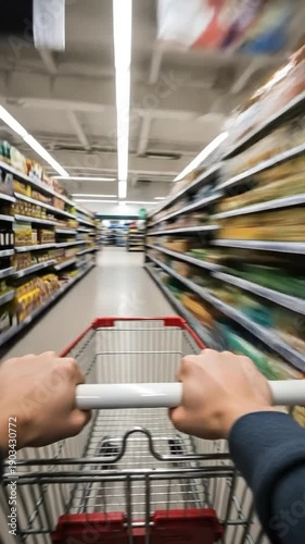 First person point of view of a person pushing a shopping cart through a grocery store aisle with motion blur effect