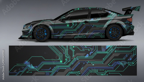 Sporty car with a futuristic circuit board graphic wrap design template.