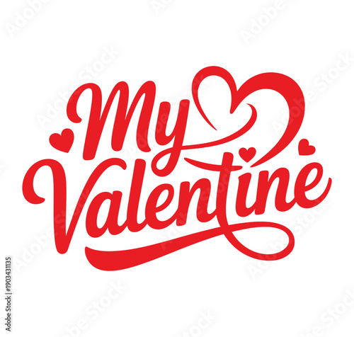 My Valentine red script lettering vector with hearts, romantic calligraphy for greeting cards, banners, social media, isolated on white