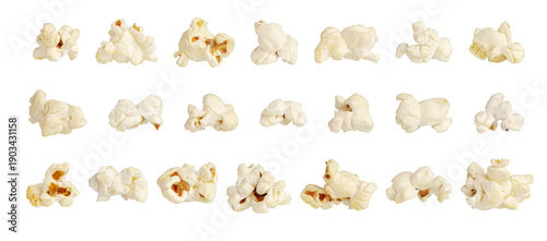 pieces of salty popcorn representing home cinema and entertainment. Clear studio shot on white background. Ideal for social media content, streaming service ads, and event flyers.