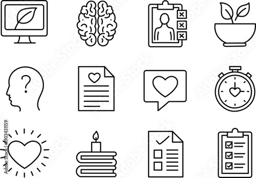 Mental health and wellness line icons set featuring brain, self assessment, mindfulness, love, habits, checklist, therapy, growth and emotional wellbeing concepts