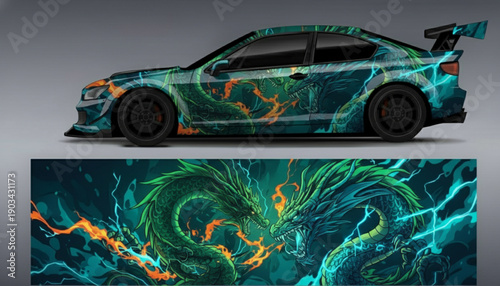 A custom car wrap design featuring two battling dragons and lightning.
