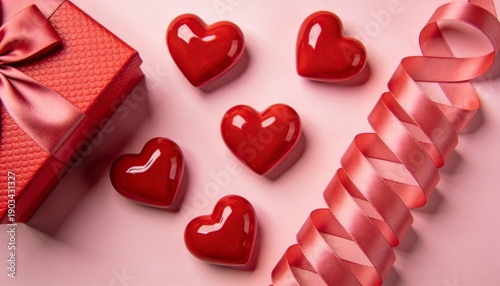 Valentine’s Day Flat Lay with Red Hearts and Gift Box Copy Space
