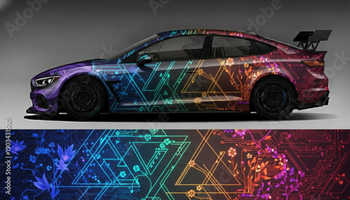 A vibrant sports car with a unique floral and geometric gradient wrap design.