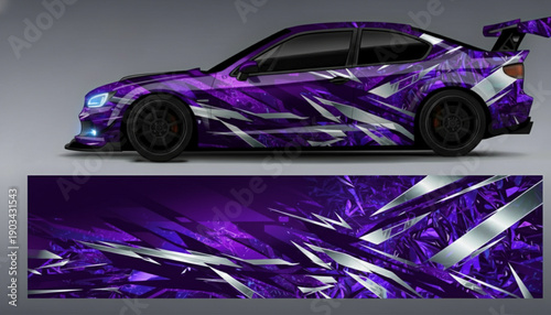 Purple and silver abstract shattered graphic car wrap design on a sporty sedan.